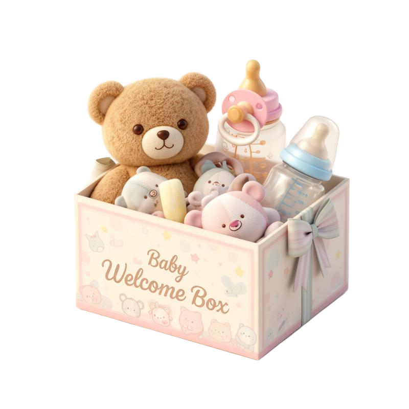 Amazon Baby Welcome Box with teddy bear, pacifier and baby essentials